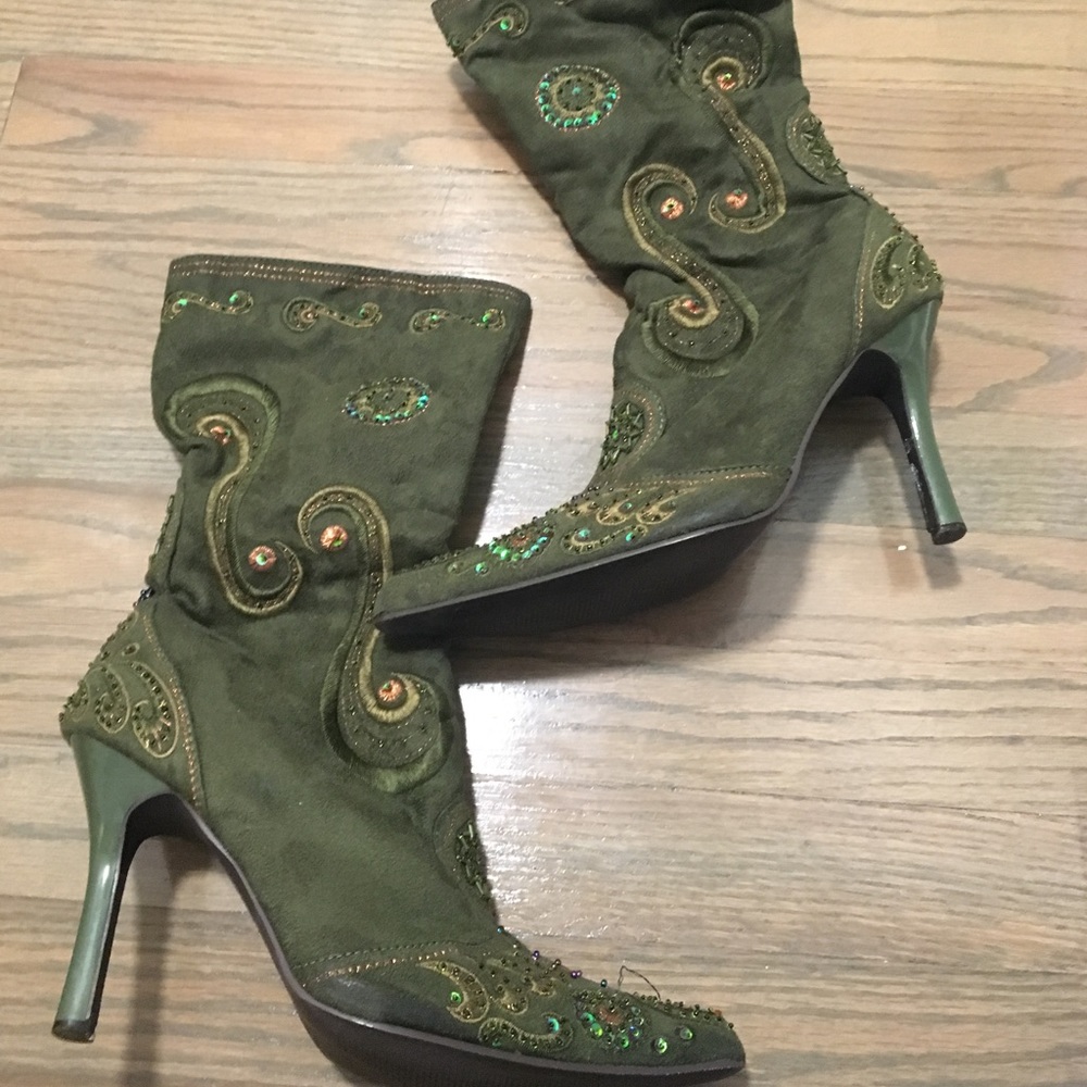 Winter Green Beaded Glitter Embroidered Boots